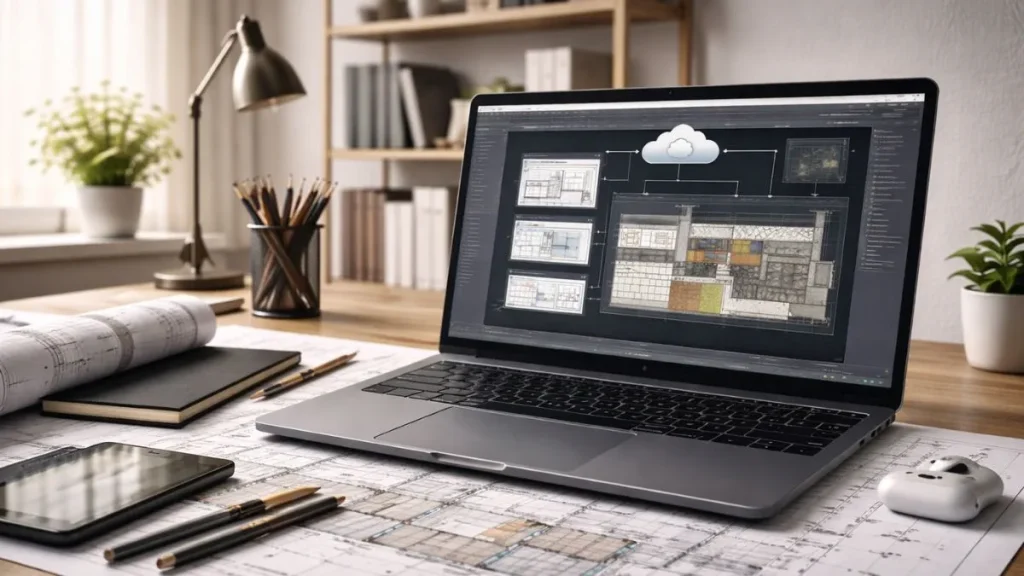 AutoCAD acessado pela nuvem em notebook, com projetos arquitetônicos carregados remotamente em ambiente de home office.