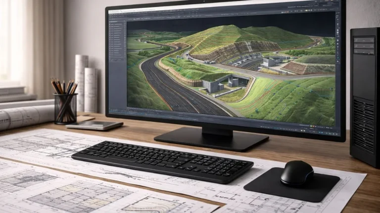 AutoCAD 3D Civil recursos aplicados em projeto de engenharia, com modelagem tridimensional de terreno, estradas e infraestrutura em estação de trabalho profissional.