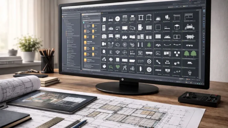 Biblioteca de blocos no AutoCAD organizada em ambiente profissional, com blocos padronizados, categorizados e prontos para reutilização em projetos técnicos.