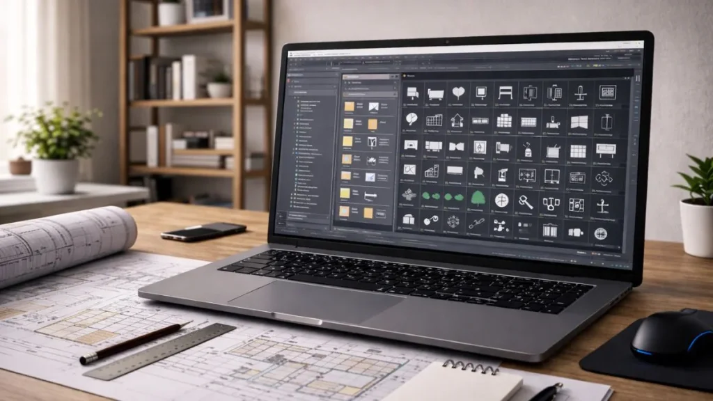 Biblioteca de blocos do AutoCAD acessada em notebook, com componentes organizados para uso rápido em projetos.
