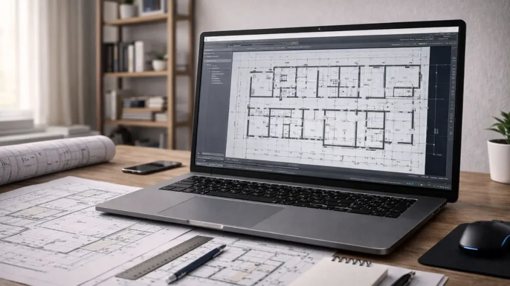 Planta em PDF sendo ajustada e convertida para DWG no AutoCAD em ambiente de trabalho com notebook.