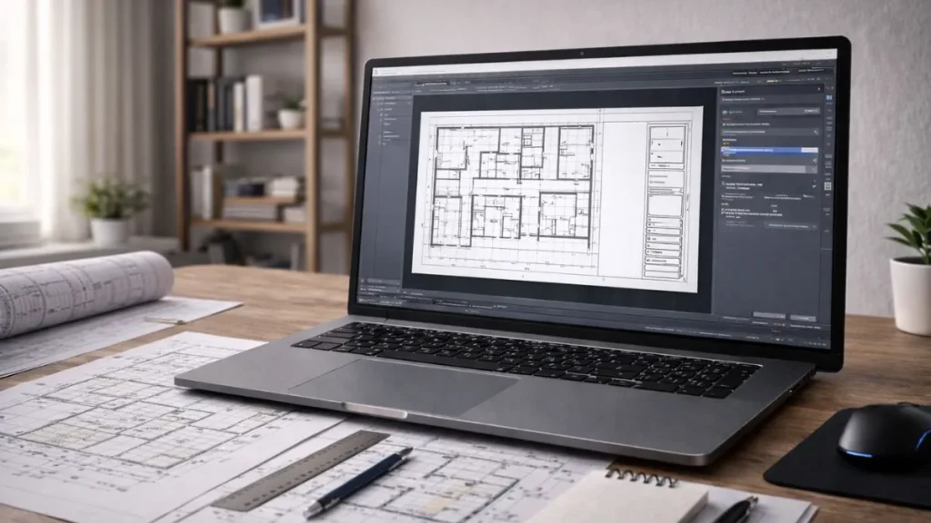 Layout do AutoCAD preparado em notebook para exportação em PDF com conferência final de escalas e visualização.