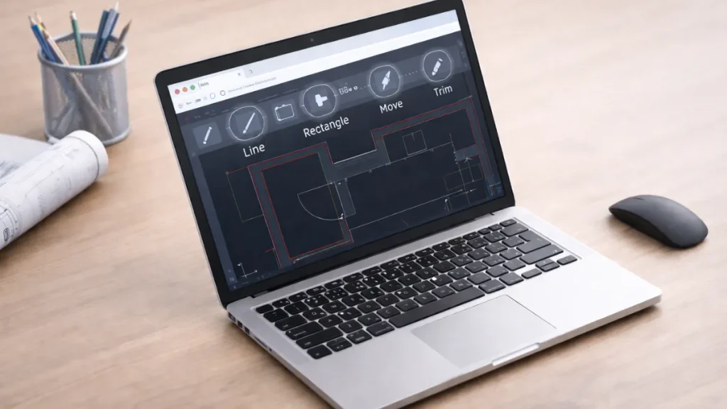 funcionalidades autocad web demonstradas na interface do AutoCAD Web em notebook, com ferramentas rápidas de edição como linha, retângulo, mover e aparar aplicadas a um desenho técnico simplificado.