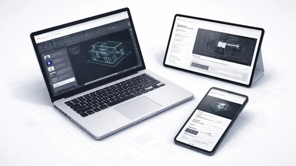 Ambiente de estudo moderno com notebook exibindo interface de aprendizado do AutoCAD, acompanhado de caderno, fones de ouvido e itens de apoio ao estudo técnico.