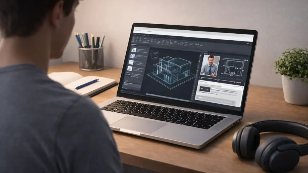 curso de autocad online ou presencial ilustrado por estudante acompanhando um curso de AutoCAD online em notebook, com interface do software aberta ao lado de um vídeo tutorial em ambiente de estudo doméstico.