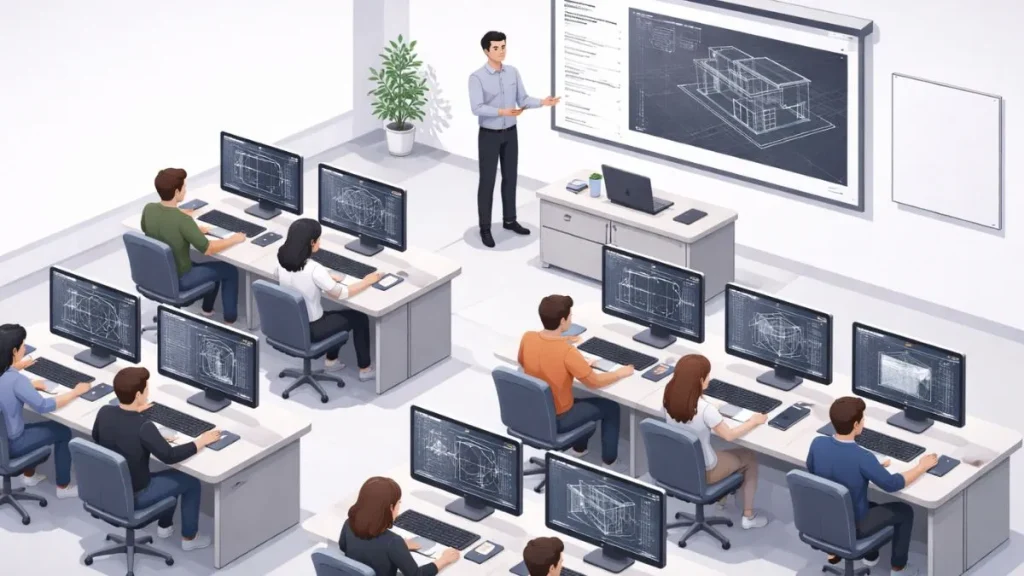 Sala de aula presencial com alunos utilizando AutoCAD em computadores desktop enquanto instrutor apresenta conteúdo CAD em tela projetada.