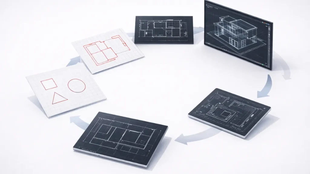 curso completo de autocad, mostrando a progressão de desenhos simples em 2D até projetos técnicos mais complexos em etapas sucessivas.