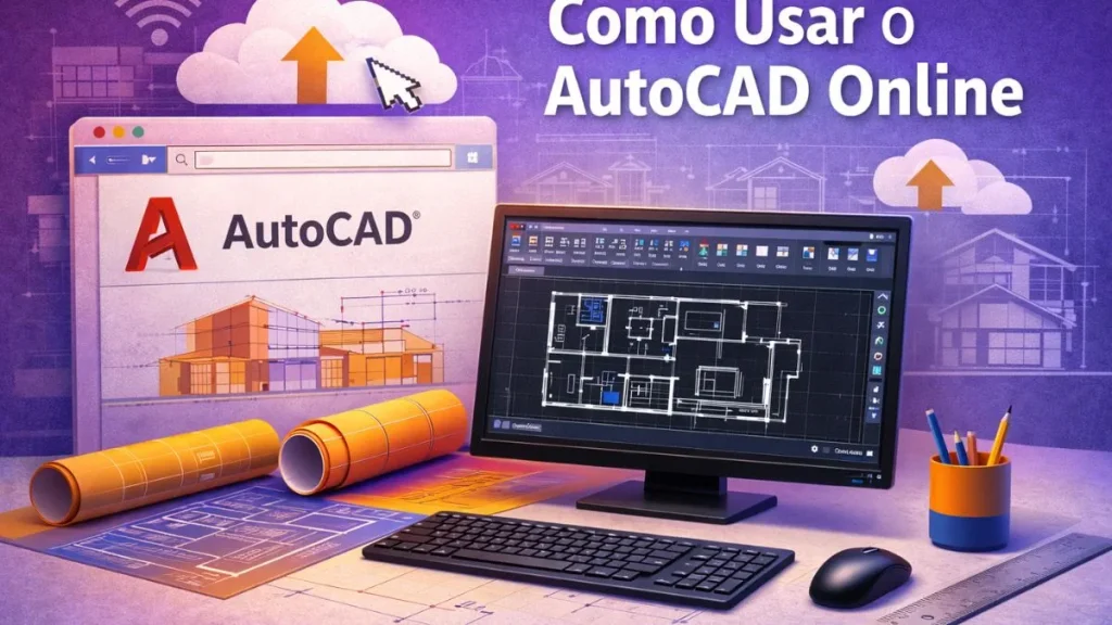 Estação de trabalho com computador desktop exibindo o AutoCAD online, plantas arquitetônicas na tela, cores contrastantes e ambiente técnico moderno.