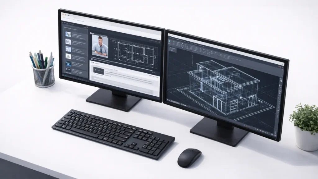 Estação de trabalho com dois monitores exibindo AutoCAD, um com módulos de curso organizados e outro com desenho técnico em andamento, representando aprendizado estruturado do software.