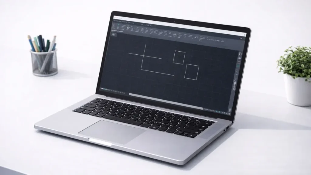 autocad para iniciantes representado por notebook exibindo a interface do AutoCAD com desenho simples em 2D, usando linhas e retângulos em um ambiente de trabalho limpo e minimalista.