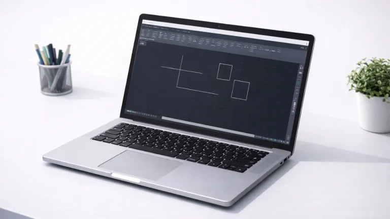 autocad para iniciantes representado por notebook exibindo a interface do AutoCAD com desenho simples em 2D, usando linhas e retângulos em um ambiente de trabalho limpo e minimalista.