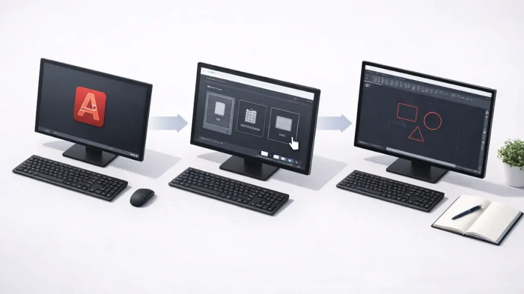 Processo passo a passo de introdução ao AutoCAD, mostrando a abertura do programa, seleção de template e criação das primeiras formas em um fluxo visual educativo.