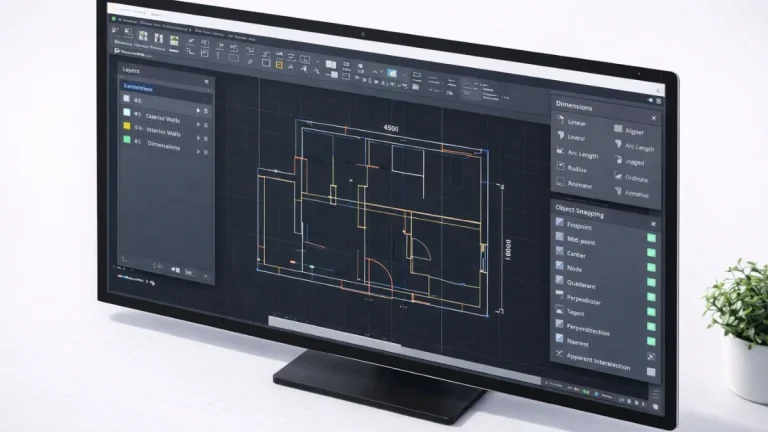 guia autocad completo ilustrado pela interface do AutoCAD exibindo múltiplos painéis de ferramentas, camadas, dimensões e recursos de precisão aplicados a um desenho técnico em desenvolvimento.