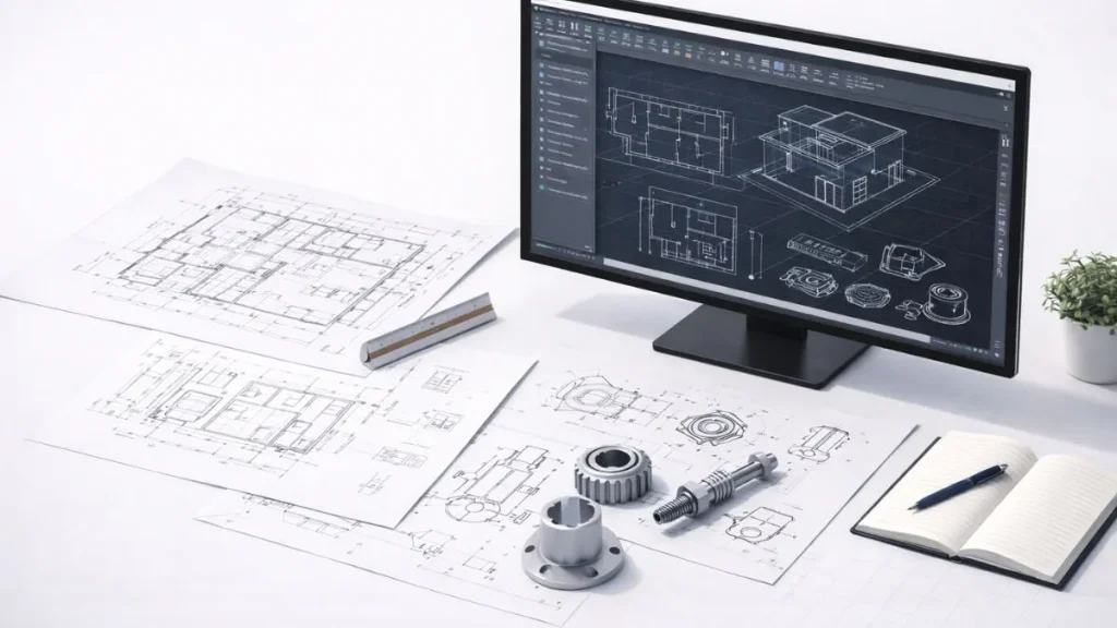 Ambiente de trabalho técnico com AutoCAD aberto no monitor, desenhos impressos, régua de escala, plantas arquitetônicas e componentes mecânicos representando diferentes aplicações do software.