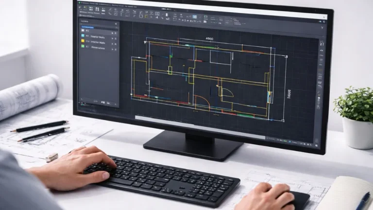 noções basicas de autocad em projeto arquitetônico exibido na tela do computador, mostrando planta baixa técnica sendo desenvolvida em software CAD