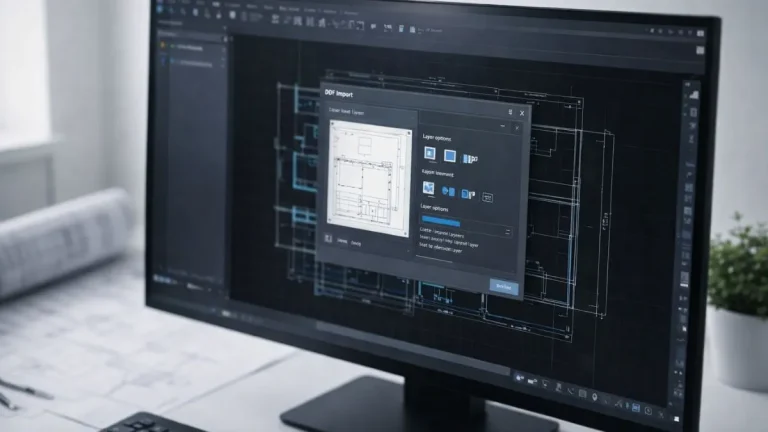 converter pdf tecnico em dwg autocad mostrando interface do AutoCAD com janela de importação de PDF, ferramentas de alinhamento visual e opções de camadas em desenho técnico