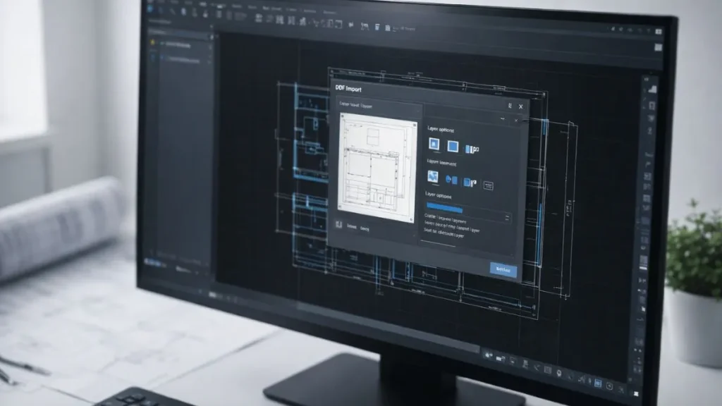 conversao pdf para dwg autocad exibindo recurso nativo de importação de PDF no AutoCAD, com painel de opções e desenho técnico carregado na área de trabalho