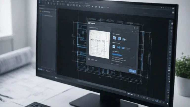 conversao pdf para dwg autocad exibindo recurso nativo de importação de PDF no AutoCAD, com painel de opções e desenho técnico carregado na área de trabalho