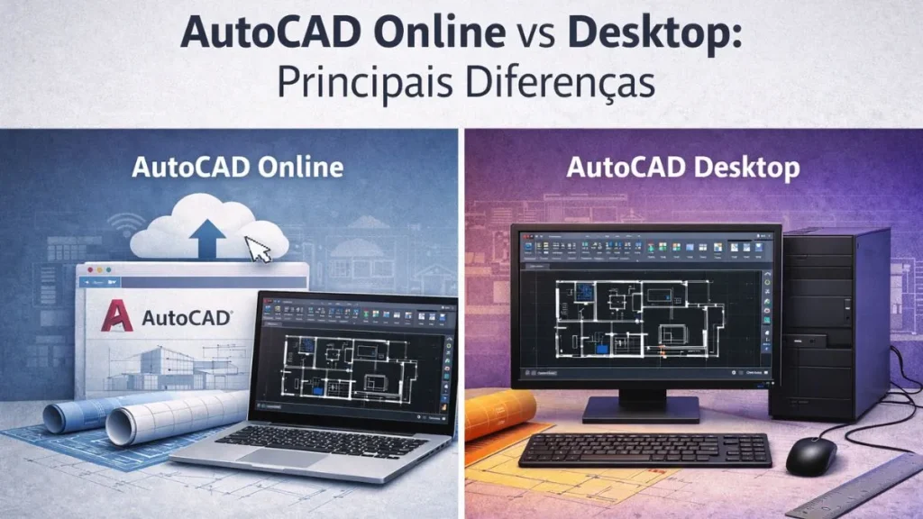 autocad online vs desktop comparação visual entre AutoCAD Web em navegador e AutoCAD Desktop em computador, destacando diferenças de uso, ambiente e desempenho em desenho técnico.