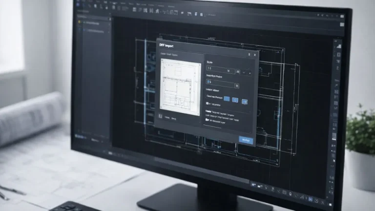 importar pdf no autocad mostrando a interface do AutoCAD com painel de configurações de importação de PDF, incluindo escala, ponto de inserção e camadas ativas