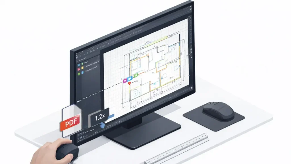 alinhar pdf no autocad ilustrado em cena isométrica, com geometria de PDF ajustada ao desenho DWG usando ferramentas de snap, escala e linhas de referência