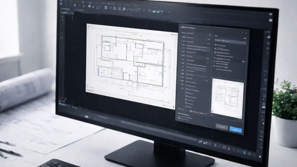 pdf para desenho editavel autocad mostrando a interface do AutoCAD durante a importação de um PDF convertido automaticamente em linhas e geometria vetorial editável