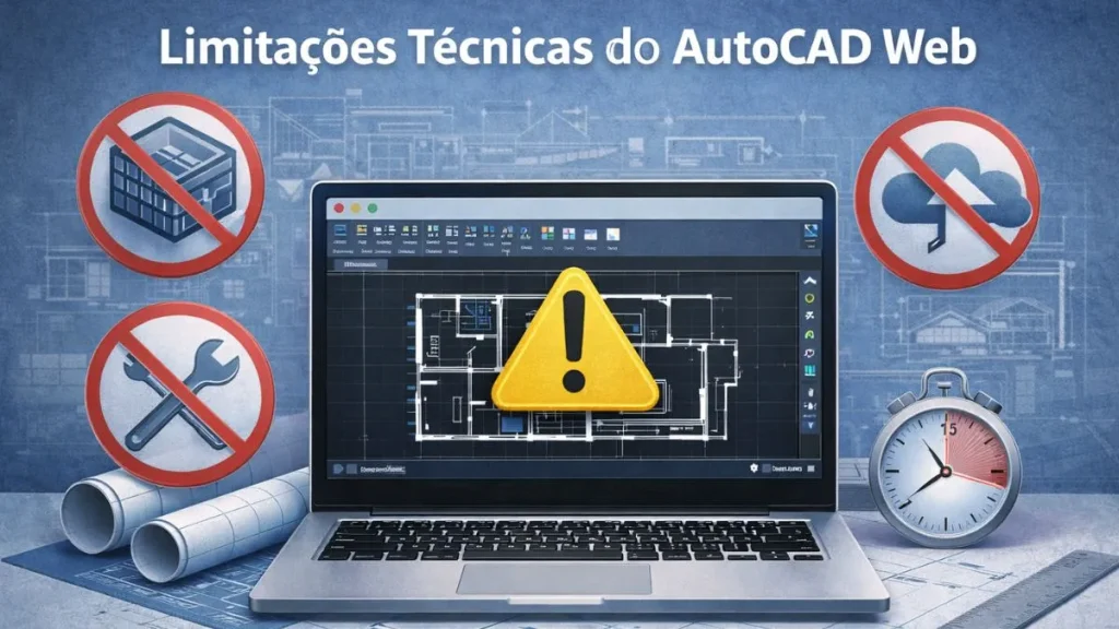 Limitações técnicas do AutoCAD Web ilustradas por interface do software com alertas visuais, ícones de restrição e foco em desenho técnico no navegador.