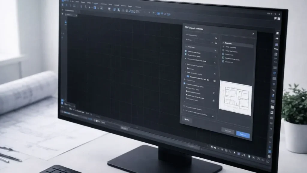 converter pdf em dwg autocad mostrando a interface do AutoCAD com as configurações ideais de importação de PDF para conversão em geometria vetorial editável