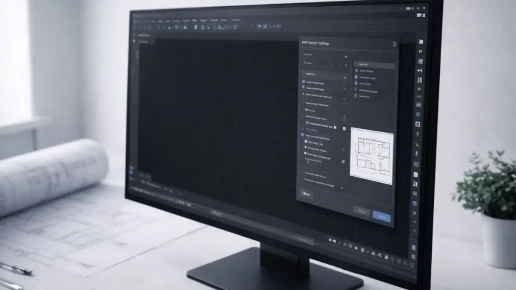 detalhes pdf para dwg autocad mostrando a interface do AutoCAD com o painel de configurações de importação de PDF, incluindo escala correta, reconhecimento de camadas e conversão vetorial