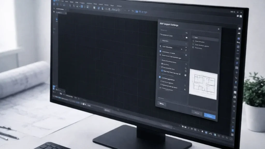 pdf to dwg autocad mostrando a interface do AutoCAD com as configurações de importação de PDF ajustadas para preservar escala, camadas e conversão vetorial