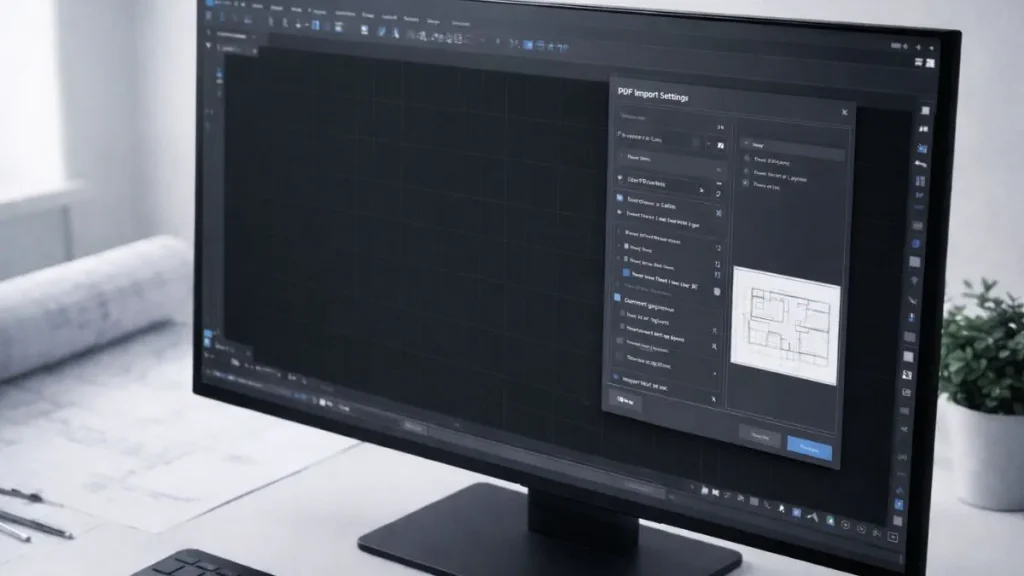 ferramentas pdf to dwg autocad mostrando a interface do AutoCAD com a janela de importação de PDF, destacando opções de reconhecimento vetorial e organização por camadas