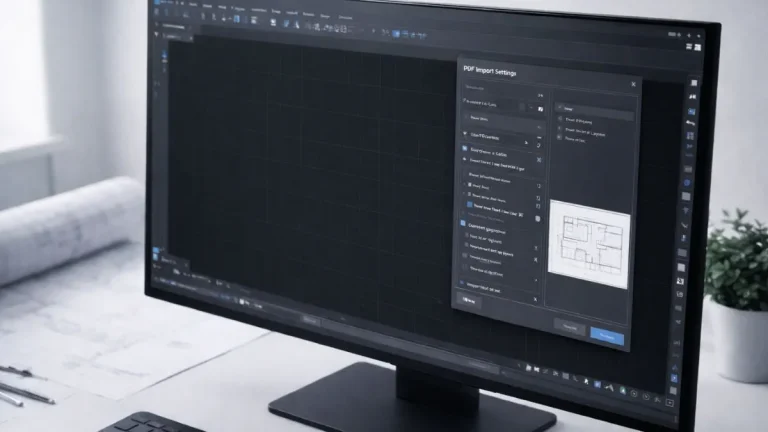 ferramentas pdf to dwg autocad mostrando a interface do AutoCAD com a janela de importação de PDF, destacando opções de reconhecimento vetorial e organização por camadas