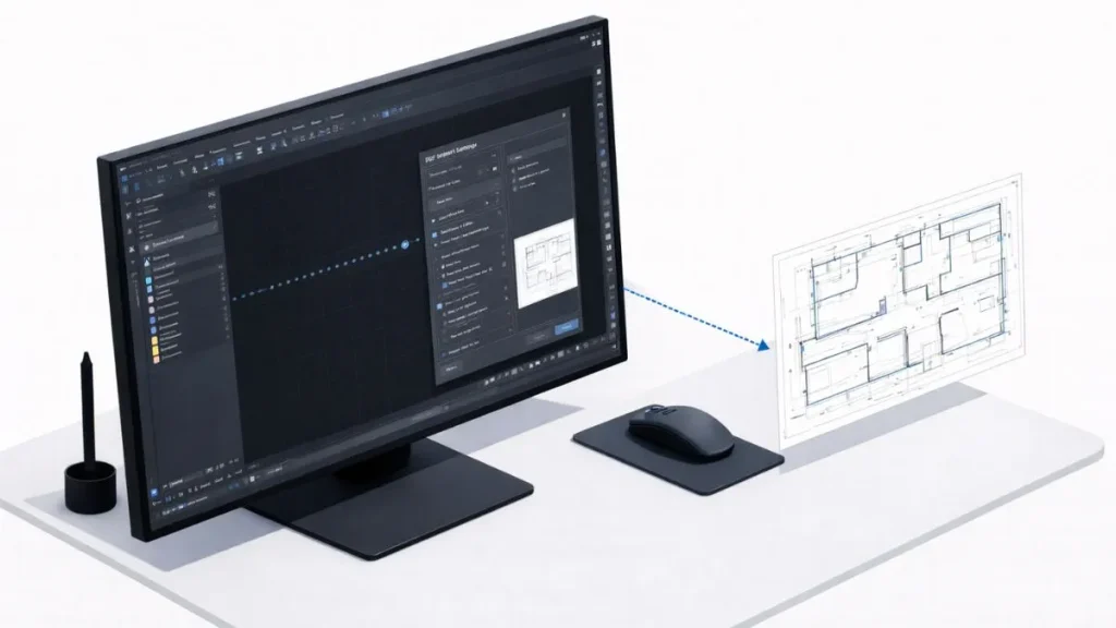 fluxo seguro de conversão de pdf para dwg no autocad, mostrando importação do arquivo e resultado final com geometria editável