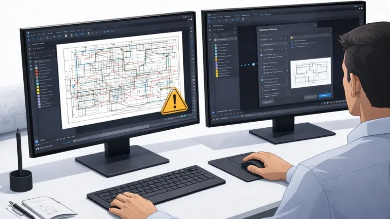 erros pdf to dwg autocad ilustrados em um desenho DWG com geometria desalinhada e objetos sobrepostos, enquanto o usuário ajusta as configurações de importação no AutoCAD