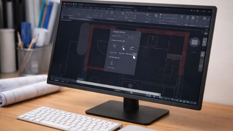 o que é autocad online representado por interface do AutoCAD Web em navegador, com planta arquitetônica técnica, elementos de nuvem e fluxo de trabalho digital.