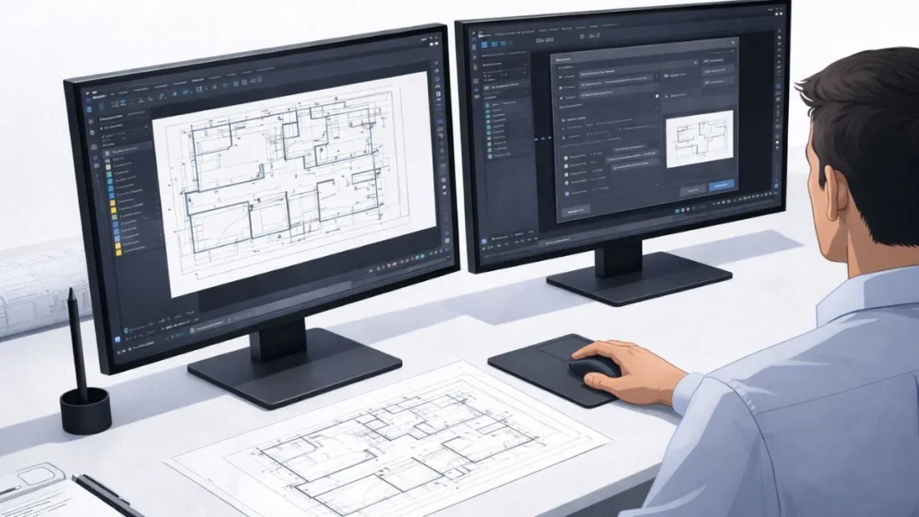 exportar dwg pdf corretamente mostrando o AutoCAD com a janela de plotagem aberta, enquanto o usuário confere a planta DWG no monitor e um blueprint impresso para garantir precisão na exportação