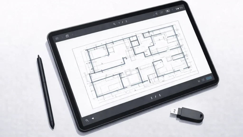 arquivo pdf técnico exportado do autocad exibido em tablet, com desenho limpo, escala correta e linhas bem definidas