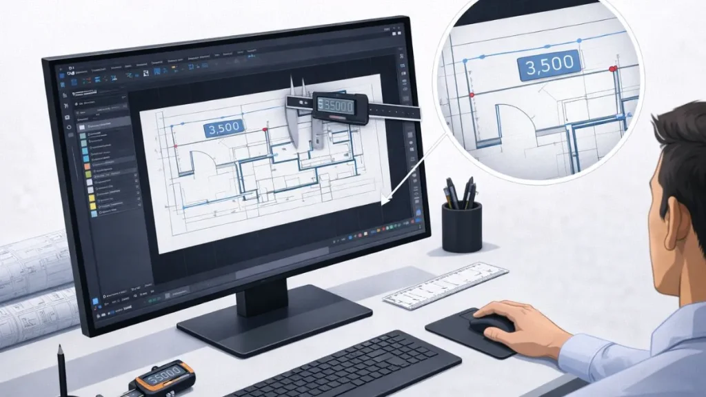 verificação de escala em dwg convertido de pdf no autocad, com ferramentas de medição confirmando dimensões corretas