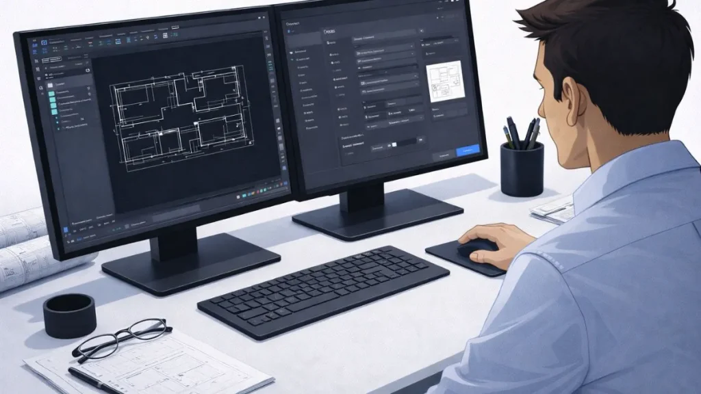 exportar autocad pdf passo a passo com operador configurando a função Plot no AutoCAD para gerar PDF, ajustando tamanho de papel, escala, layout e pré-visualização em estação CAD