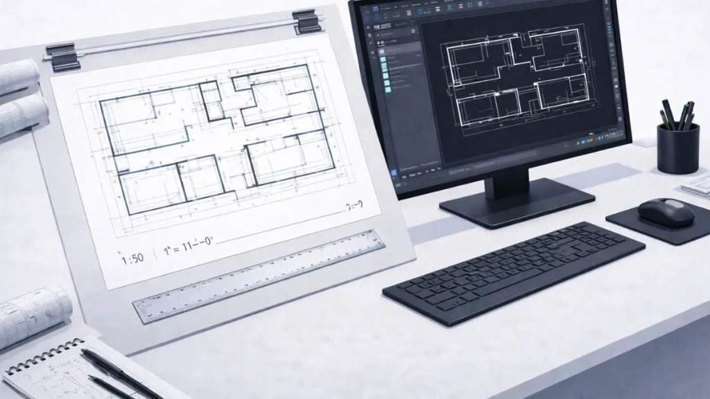 comparação entre desenho impresso e visualização no autocad, mostrando correspondência correta de escala entre papel e modelo digital