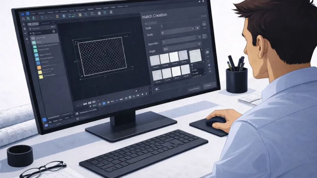 hachura no autocad sendo configurada no comando Hatch, com ajustes de escala, ângulo e tipo de padrão antes da aplicação em uma área fechada do desenho