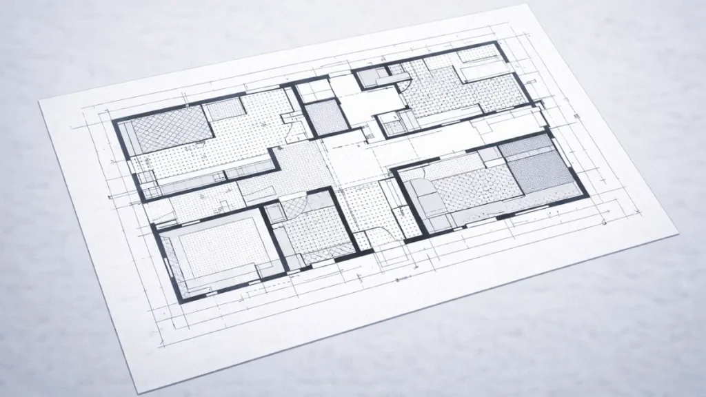 desenho técnico no autocad com hachuras aplicadas corretamente, representando diferentes materiais em áreas bem definidas