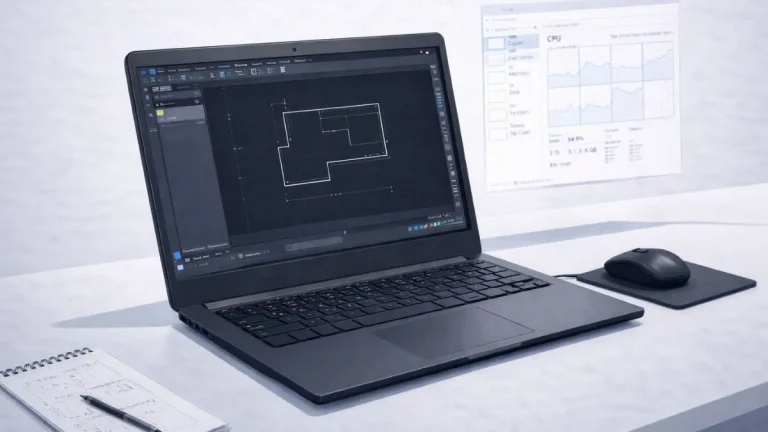 notebook para autocad em uso com desenho 2D simples no AutoCAD, exibindo limitações de desempenho e espaço de tela em equipamento de nível básico