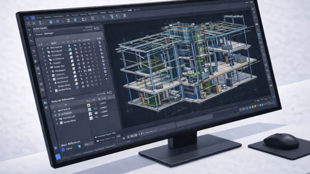 organizar projetos no autocad mostrando um projeto complexo com camadas bem estruturadas, blocos padronizados e referências externas (Xrefs) visíveis no gerenciador de layers