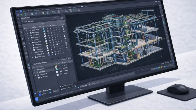 organizar projetos no autocad mostrando um projeto complexo com camadas bem estruturadas, blocos padronizados e referências externas (Xrefs) visíveis no gerenciador de layers
