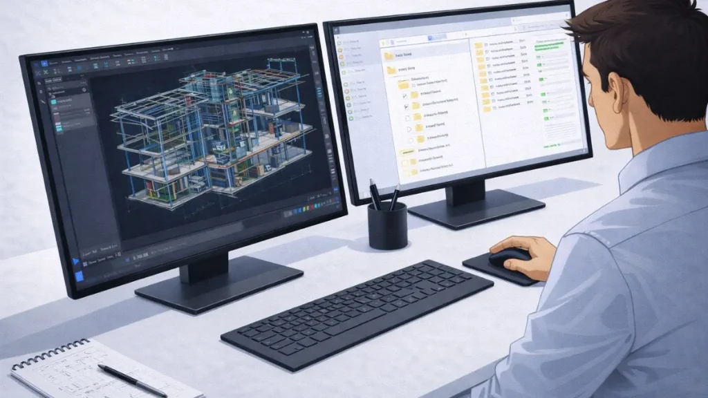fluxo de trabalho organizado no autocad com múltiplos monitores, gerenciamento de arquivos, checklists e projeto técnico em andamento