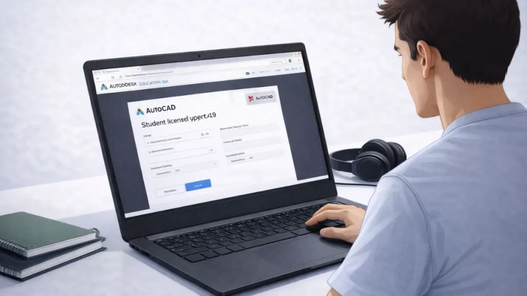 licença de estudante autocad sendo solicitada por um estudante em notebook, acessando o portal Autodesk Education em um ambiente de estudo organizado