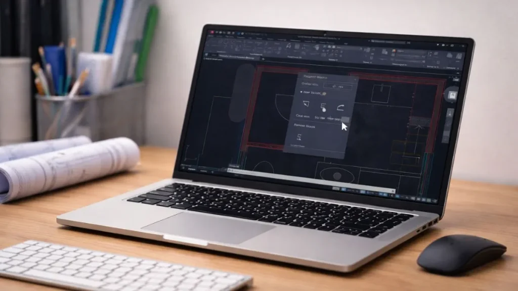 autocad online requisitos ilustrados por notebook executando o AutoCAD Web em ambiente técnico, com interface do software visível, planta arquitetônica em tela e setup de trabalho minimalista.