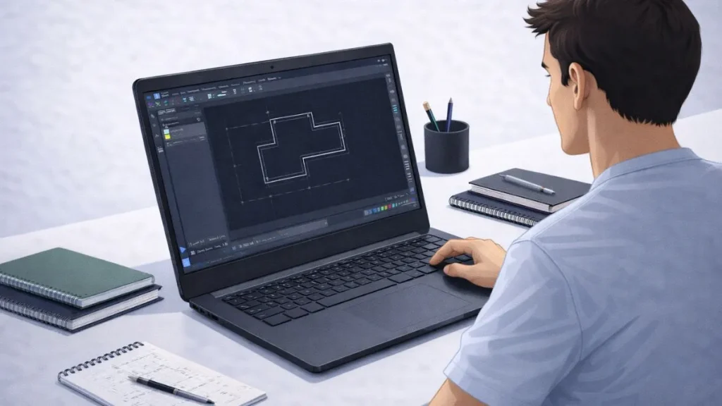 estudante utilizando o autocad com licença educacional ativa, trabalhando em projeto básico em ambiente de estudo