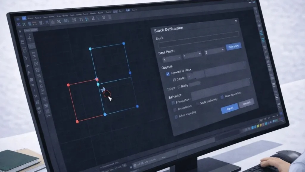 bloco no autocad sendo criado a partir de objetos selecionados, com definição de ponto base no diálogo Block Definition do AutoCAD